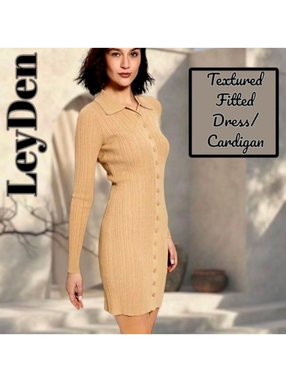 LEYDEN Long-Sleeve Button-Front Fitted Textured-Knit ShirtDress/Cardi XL NWT